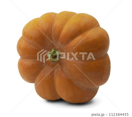 Ripe orange pumpkin on white background. Growing pumpkin. Pumpkin is an autumn food. 112384455