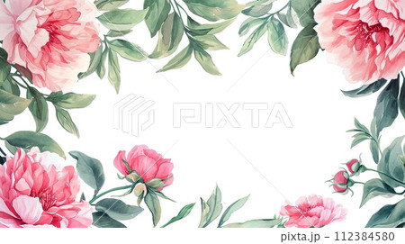 Watercolor pink peonies with soft green leaves frame 112384580