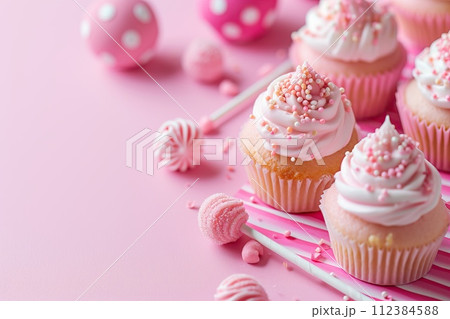 Pink table top on pink background with decorated lollipops and cupcakes, children birthday party 112384588
