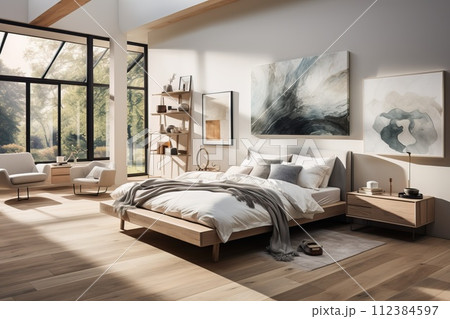 Bedroom designed in the Scandinavian style, featuring a serene and calming ambiance 112384597