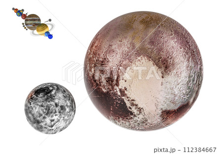 Pluto with satellite Charon moon, 3D rendering 112384667