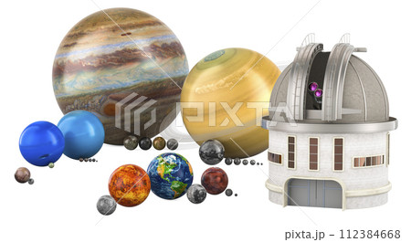 Observatory with planets and satellites of the solar system, 3D rendering 112384668