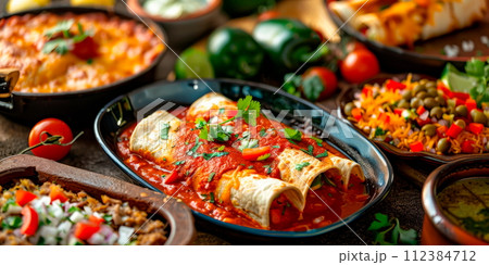 spread of traditional mexican dish enchilada 112384712