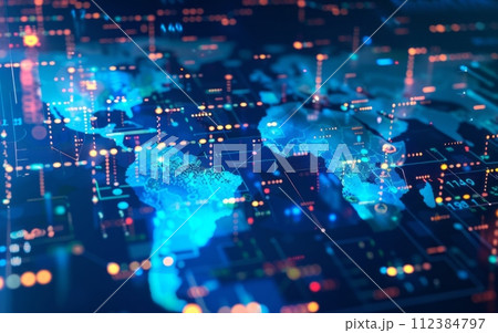 Digital world map with glowing network connections, concept of global data exchange. 112384797