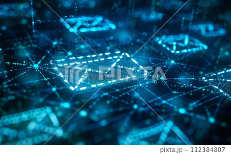 Glowing email symbols on a dark blue background. Network connection structure.email marketing or newsletter concept, sending e-mails 112384807