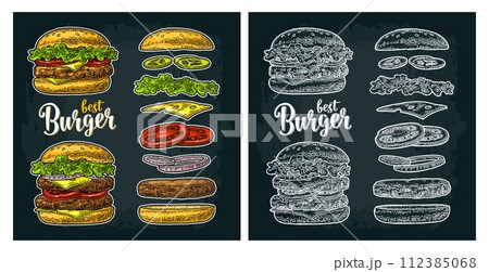 Burger with flying ingredients on white background. Vector black vintage engraving Burger with flying ingredients on white background. Vector black vintage engraving 112385068