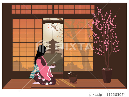 Woman in kimono conducts a traditional japanese tea ceremony. Woman in kimono conducts a traditional japanese tea ceremony. 112385074