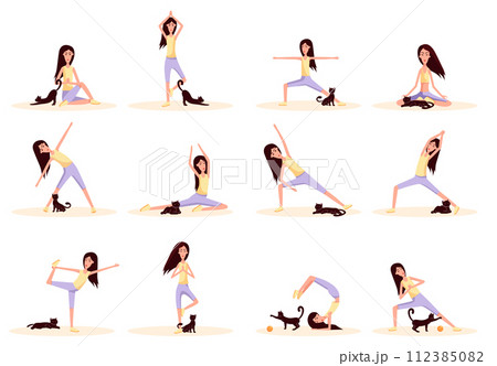 Woman with cat doing gymnastics. Color vector flat cartoon illustration isolated Woman with cat doing gymnastics. Color vector flat cartoon illustration isolated 112385082