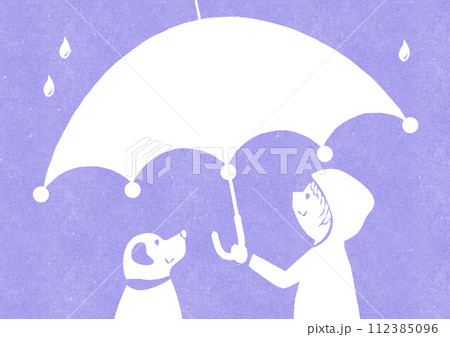 レトロな雨の日カード 犬と傘とレインコートの子供の背景イラスト(紫色) レトロな雨の日カード 犬と傘とレインコートの子供の背景イラスト(紫色) 112385096