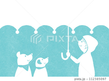 レトロな雨の日カード 犬と傘とレインコートの子供の背景イラスト(水色) レトロな雨の日カード 犬と傘とレインコートの子供の背景イラスト(水色) 112385097
