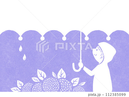 レトロな雨の日カード 紫陽花と傘とレインコートの子供の背景イラスト（紫色） 112385099