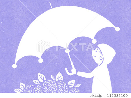 レトロな雨の日カード 紫陽花と傘とレインコートの子供の背景イラスト（紫色） 112385100