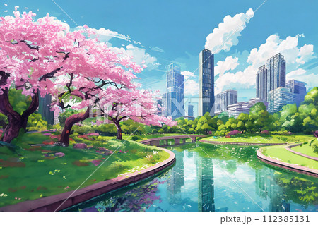 青空の大都市の公園のイラスト 112385131