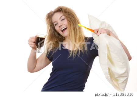Funny woman being late drinking coffee Funny woman being late drinking coffee 112385310