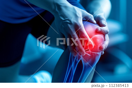 Man suffering from knee pain at home, closeup 112385413