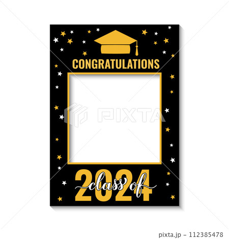 Class of 2024 photo booth frame isolated on white. Graduation party photobooth props. Grad celebration selfie frame.  Vector template. 112385478