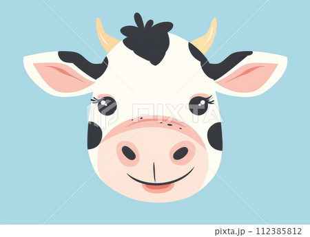 AI-generated content. A playful cartoon cow head with black and white spots and horns, looking straight ahead 112385812