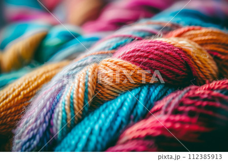 Cozy variety of colorful yarn for knitting and unfinished knitted work. The concept of hobby and comfort. Generative AI 112385913