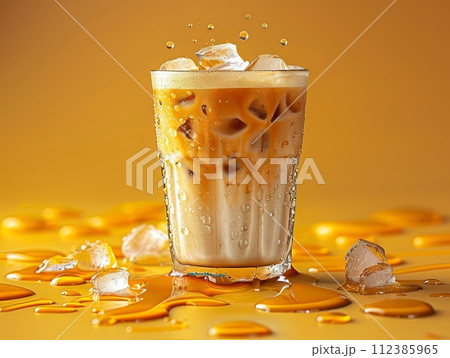 a refreshing iced latte sitting on a bright yellow background, with condensation droplets glistening on the glass, a refreshing iced latte sitting on a bright yellow background, with condensation droplets glistening on the glass, 112385965