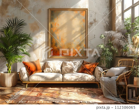 Blank beige frame mockup leaning against the wall in a living room 112386065