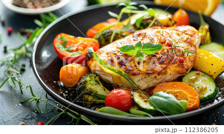 AI-generated content. Take away or canteen self service food in trays, including grilled chicken, salad, rice, greens, dark background. 112386205