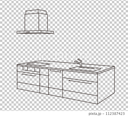 Line drawing of island system kitchen line perspective Line drawing of island system kitchen line perspective 112387423