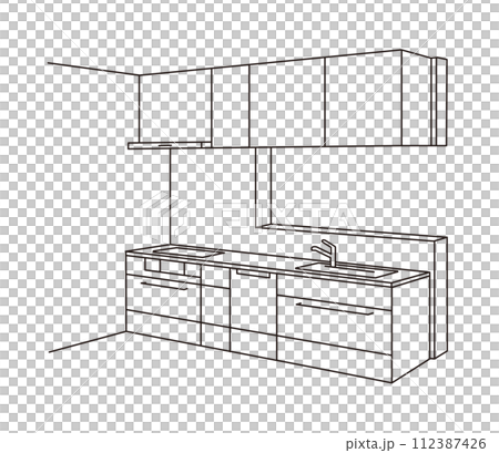 Line drawing of face-to-face system kitchen line perspective Line drawing of face-to-face system kitchen line perspective 112387426