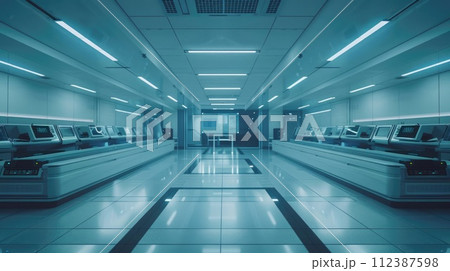 AI-generated content. Automation relationships. Sleek data center with rows of servers under cool neon lighting, embodying modern technology's cutting-edge and secure data storage solutions 112387598