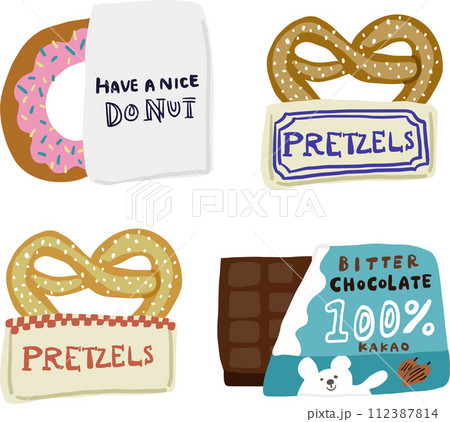 ドーナツ、プレッツェル、チョコレートのイラストセット ドーナツ、プレッツェル、チョコレートのイラストセット 112387814