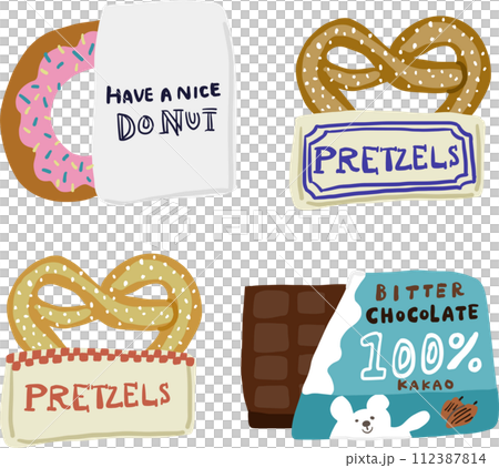 甜甜圈、椒鹽捲餅和巧克力插圖集 甜甜圈、椒鹽捲餅和巧克力插圖集 112387814