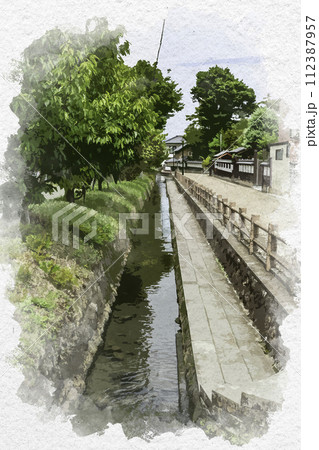 水彩画風　松代　竹山町の水路　思索の小径　長野県長野市 112387957