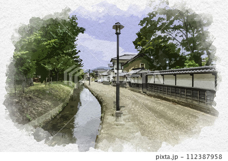 水彩画風　松代　竹山町の水路　思索の小径　長野県長野市 112387958