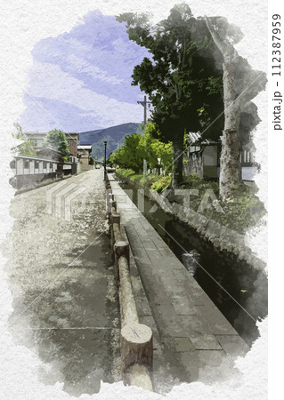 水彩画風　松代　竹山町の水路　思索の小径　長野県長野市 112387959