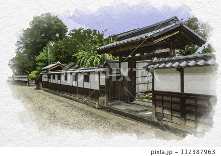 水彩画風　松代　竹山町の町並み　旧恩田重信家住宅　長野県長野市 112387963