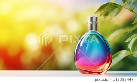 AI-generated content. Transparent rainbow glass perfume bottle mockup with plants on background. Eau de toilette. Mockup, spring flat lay. AI-generated content. Transparent rainbow glass perfume bottle mockup with plants on background. Eau de toilette. Mockup, spring flat lay. 112388447
