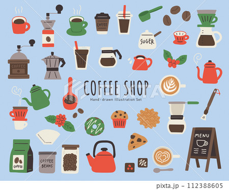 カフェ・コーヒーショップの道具や小物の手書きベクターイラストセット/コーヒーカップ・豆など カフェ・コーヒーショップの道具や小物の手書きベクターイラストセット/コーヒーカップ・豆など 112388605