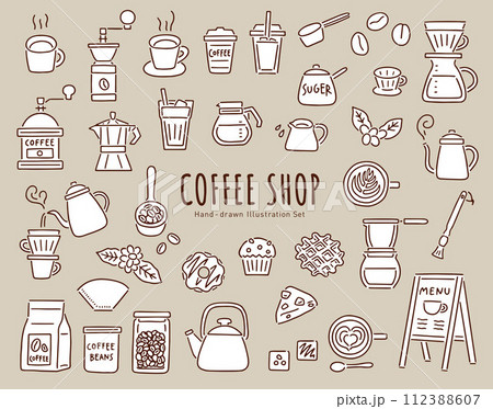 カフェ・コーヒーショップの道具や小物の手書きベクターイラストセット／コーヒーカップ・豆など／線画 112388607