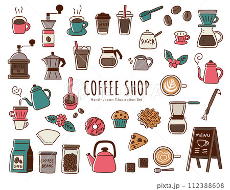カフェ・コーヒーショップの道具や小物の手書きベクターイラストセット/コーヒーカップ・豆など/線画 カフェ・コーヒーショップの道具や小物の手書きベクターイラストセット/コーヒーカップ・豆など/線画 112388608