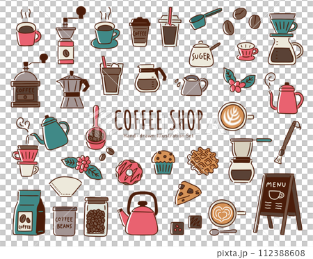 Handwritten vector illustration set of cafe/coffee shop tools and accessories/coffee cup, beans, etc./line drawing 112388608