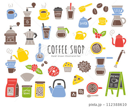 カフェ・コーヒーショップの道具や小物の手書きベクターイラストセット／コーヒーカップ・豆など 112388610