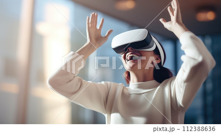 AI-generated content. Happy woman with VR glasses of virtual reality. Future technology concept. 112388636