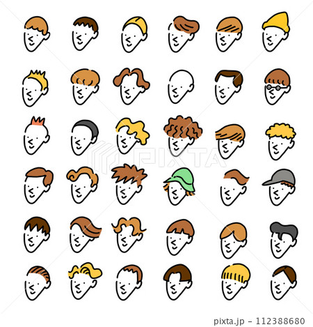 手描きの様々なヘアスタイルの男性のイラストセット　アイコン 112388680
