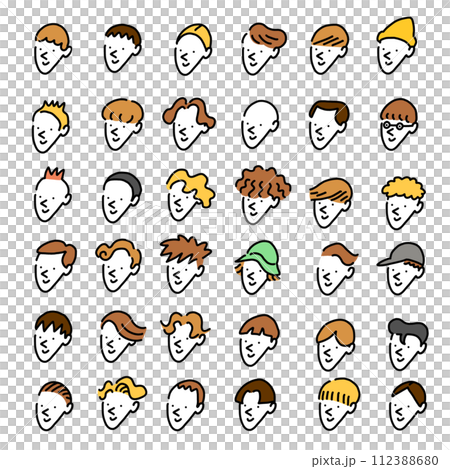 手繪插圖集具有各種髮型圖示的男性 手繪插圖集具有各種髮型圖示的男性 112388680