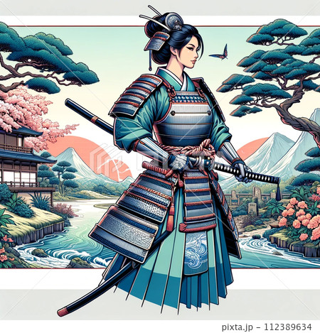 日本の伝統的な風景の中にいる女性の侍のイラスト素材 [112389634] - PIXTA