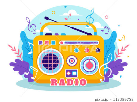 Radio Vector Illustration with a Musical Instrument used to Send Signals for Record, Old Receiver and Listening to Music in Flat Cartoon Background 112389758