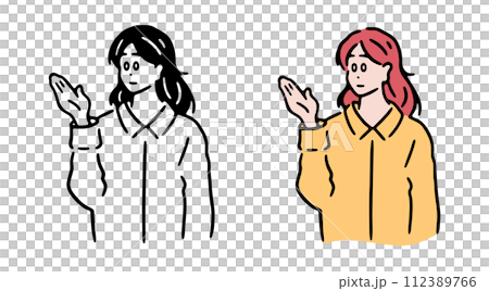 Line drawing illustration of a woman at the reception, monochrome and color 112389766