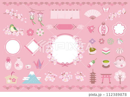 春の和風イラスト素材 / 桜 花見 フレーム 春の和風イラスト素材 / 桜 花見 フレーム 112389878