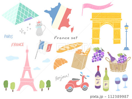 フランスをイメージしたシンボルのおしゃれな手描きイラストセット 112389987