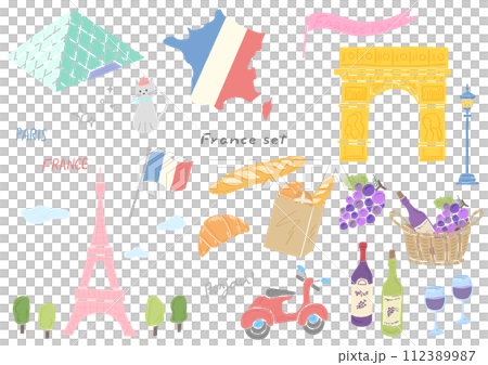 フランスをイメージしたシンボルのおしゃれな手描きイラストセット 112389987