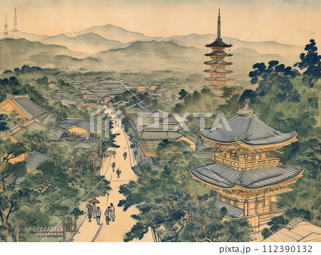 京都の街並み　五重の塔　浮世絵風　イラスト 112390132